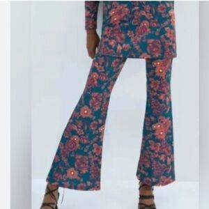 zara jacquard floral flare pants hi rise retro hippie size small new
